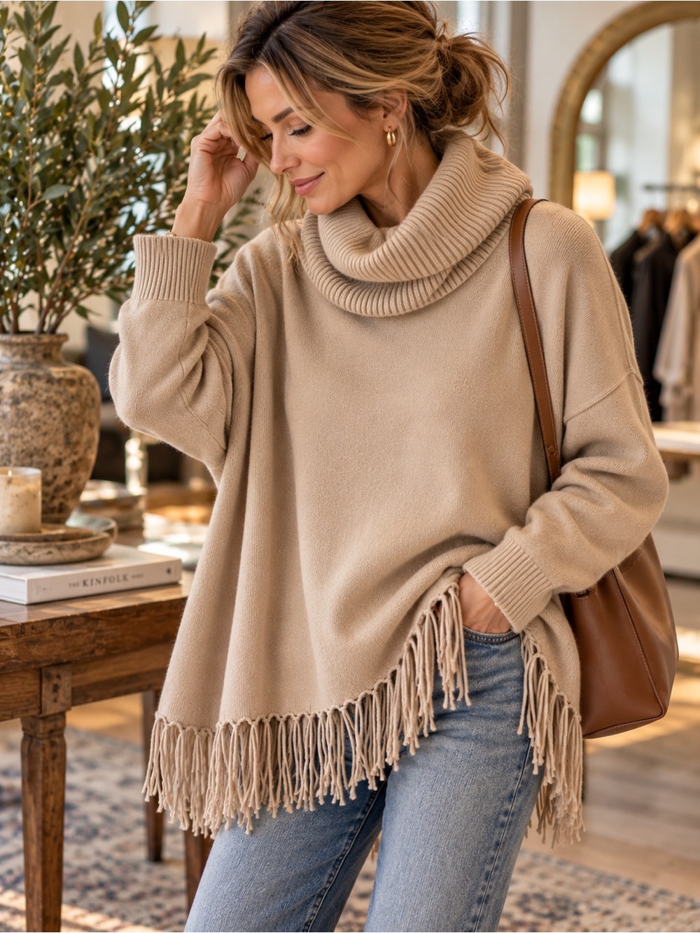 STAUD Oversized Cowl Neck Fringe Sweater Camel Beige Size M
